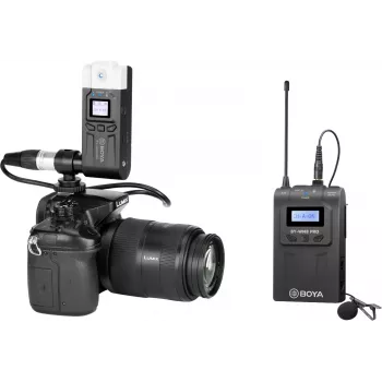 Sistema de microfone lavalier sem fios UHF de canal duplo BOYA BY-WM8 Pro-K7 com 48 canais, 100 m de alcance, recetor montável em câmara (568-590 MHz)