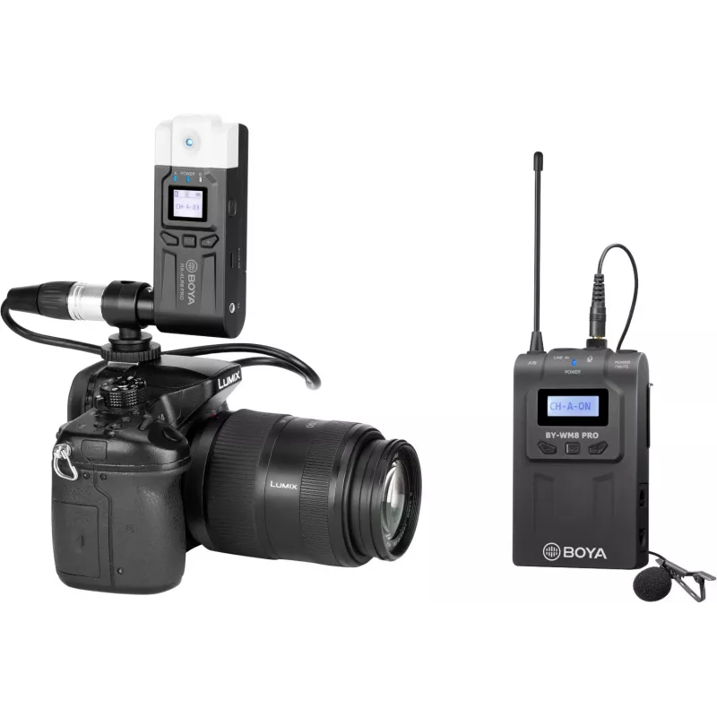 Sistema de microfone lavalier sem fios UHF de canal duplo BOYA BY-WM8 Pro-K7 com 48 canais, 100 m de alcance, recetor montável em câmara (568-590 MHz)