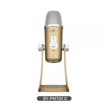 Microfone condensador USB BOYA BY-PM700G com 4 padrões polares, 24 bits/48kHz, controlos de ganho e silenciamento, monitorização por auscultadores, para PC/Mac