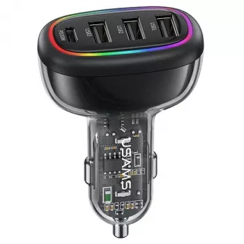 Carregador de automóvel de carregamento rápido USAMS C34 48W PD com 1x USB-C e 3x USB-A - Preto