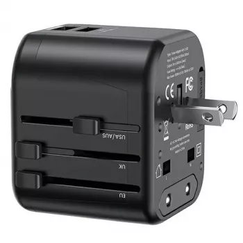 Carregador de viagem universal USAMS T55 2xUSB 12W US/AU/EU/UK Preto CC173TC01