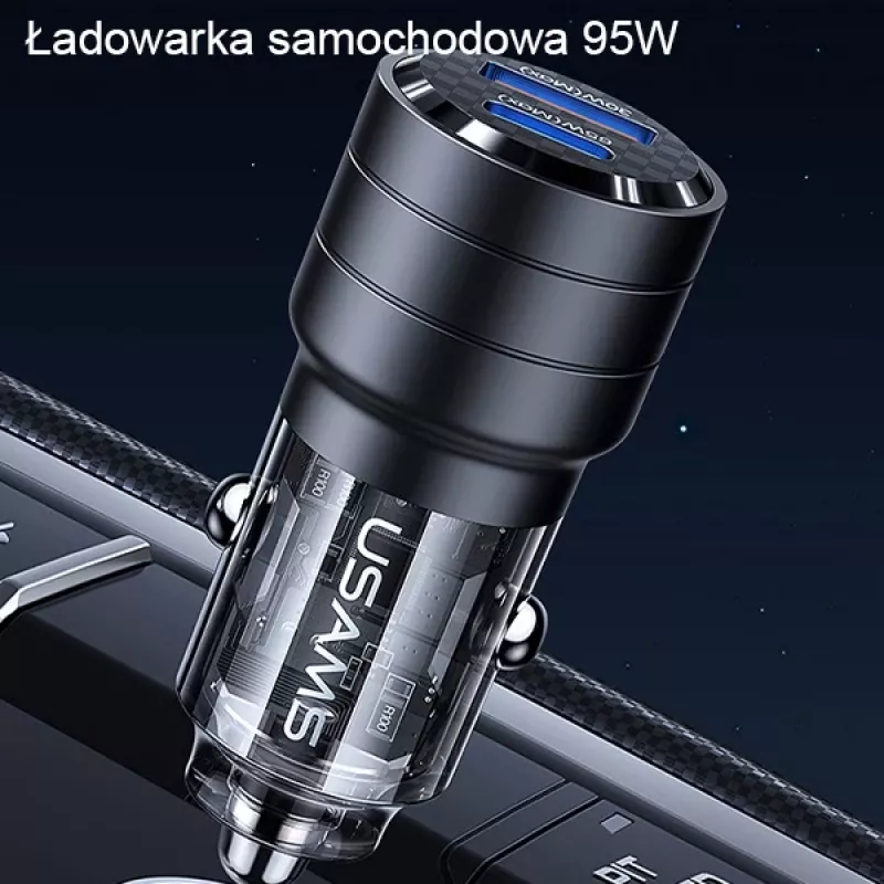 Carregador de automóvel de carregamento rápido USAMS C36 95W USB + USB-C Preto CC176CC01 (US-CC176)