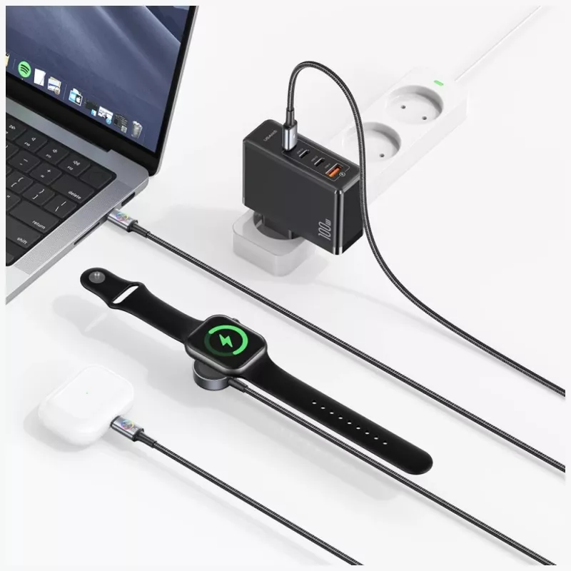 Cabo de carregamento 3-em-1 USAMS Huan Series com carregador sem fios 72W USB-C Cinzento-escuro