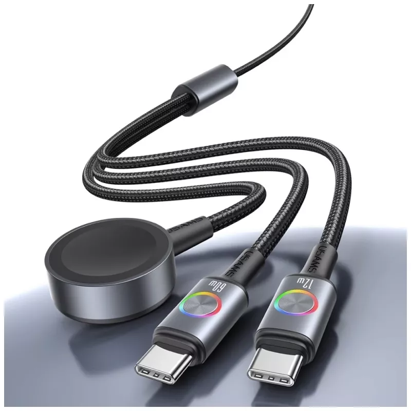 Cabo USAMS Huan Series SJ754 72W USB-C para USB-C com carregador sem fios magnético integrado para smartwatch, preto, 1,2 m