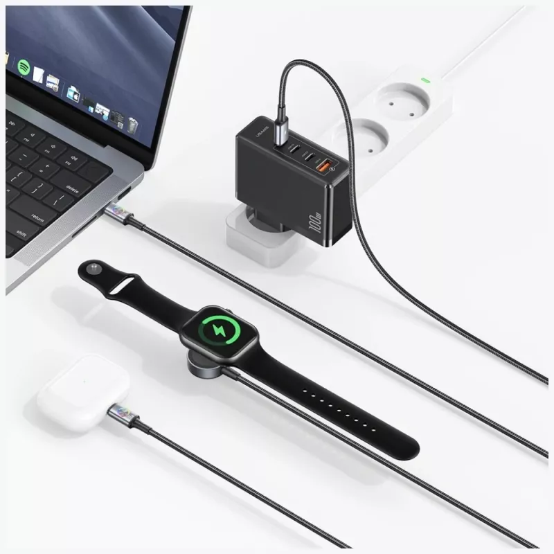 Cabo USAMS Huan Series SJ754 72W USB-C para USB-C com carregador sem fios magnético integrado para smartwatch, preto, 1,2 m