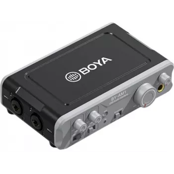 BOYA BY-AM1 interface de áudio USB-C de 2 canais com entradas XLR/TRS, alimentação phantom +48V e monitorização direta