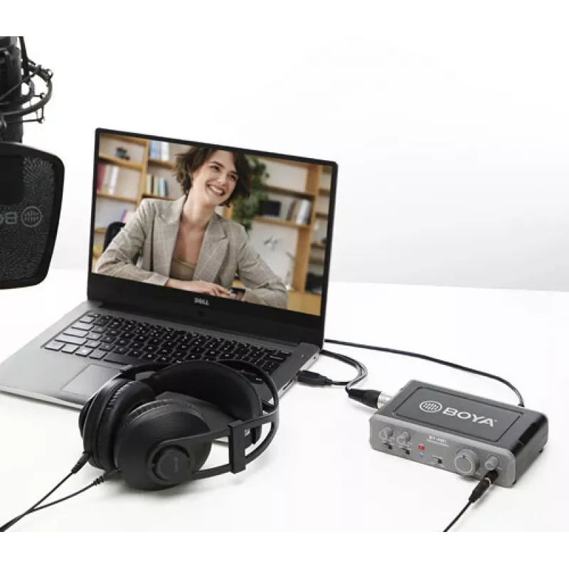 BOYA BY-AM1 interface de áudio USB-C de 2 canais com entradas XLR/TRS, alimentação phantom +48V e monitorização direta