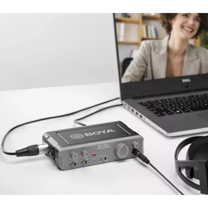 BOYA BY-AM1 interface de áudio USB-C de 2 canais com entradas XLR/TRS, alimentação phantom +48V e monitorização direta