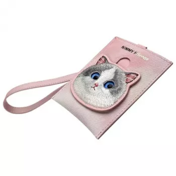 NIMMY Big Eyed Pet 2.0 gato porta-cartões carteira em pele PU rosa com 6 compartimentos para cartões, porta-moedas e fecho de correr