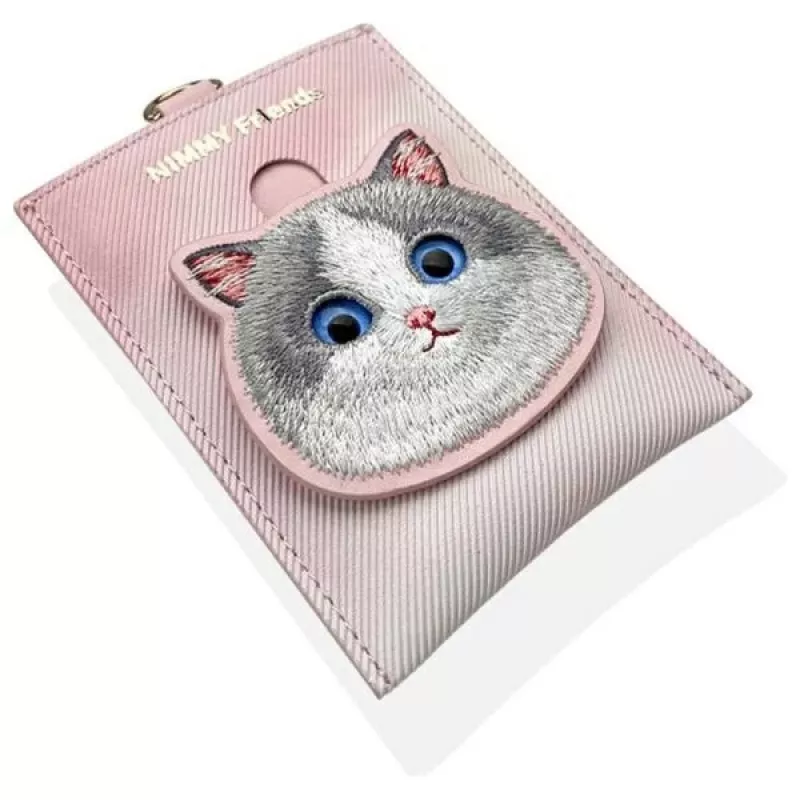 NIMMY Big Eyed Pet 2.0 gato porta-cartões carteira em pele PU rosa com 6 compartimentos para cartões, porta-moedas e fecho de correr