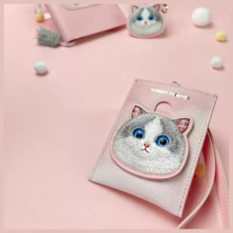 NIMMY Big Eyed Pet 2.0 gato porta-cartões carteira em pele PU rosa com 6 compartimentos para cartões, porta-moedas e fecho de correr