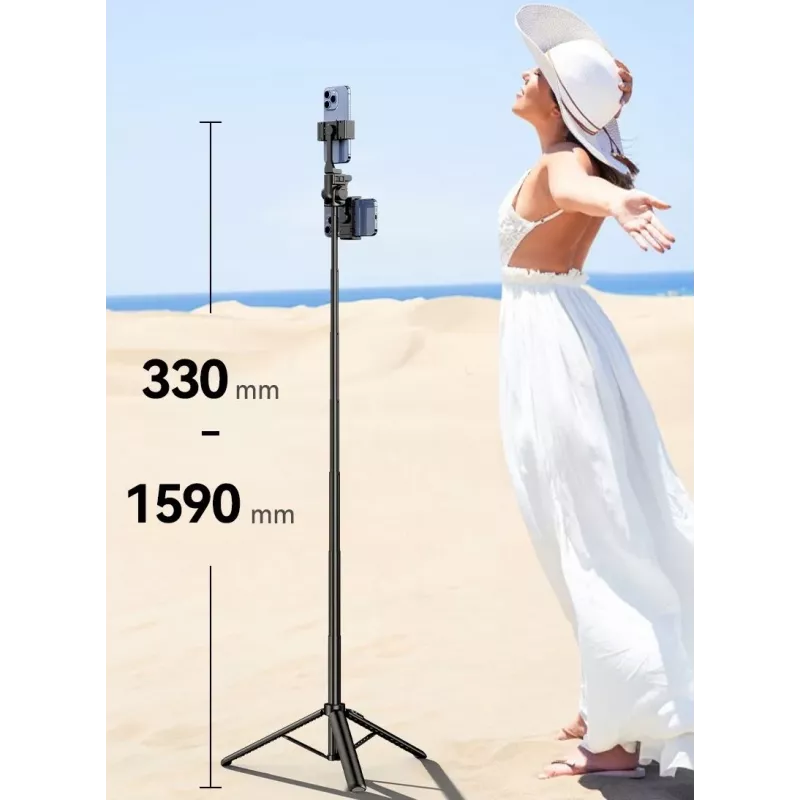 ULANZI MT-70 Monopé Selfie Stick Tripé de 5 Secções em Alumínio com Comando Bluetooth Removível, Dois Suportes para Telefone e Rosca de 1/4 Polegadas, Estende até 880 mm, Preto