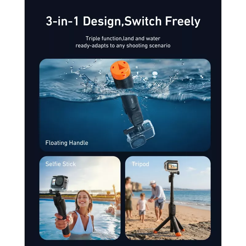 Pau de selfie à prova de água TELESIN com comando para câmaras DJI Osmo Action, 15m IPX8, extensível até 60cm, preto