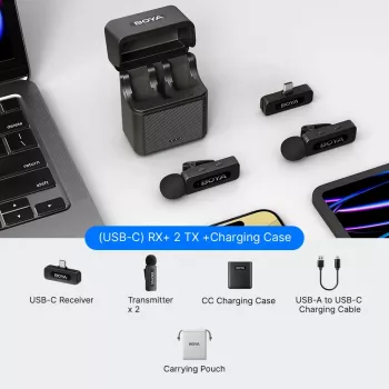 BOYA BY-V30 Sistema de microfone lavalier sem fios para dispositivos USB-C, 2,4 GHz, alcance de 50 m, 9 horas de bateria, redução de ruído, Preto