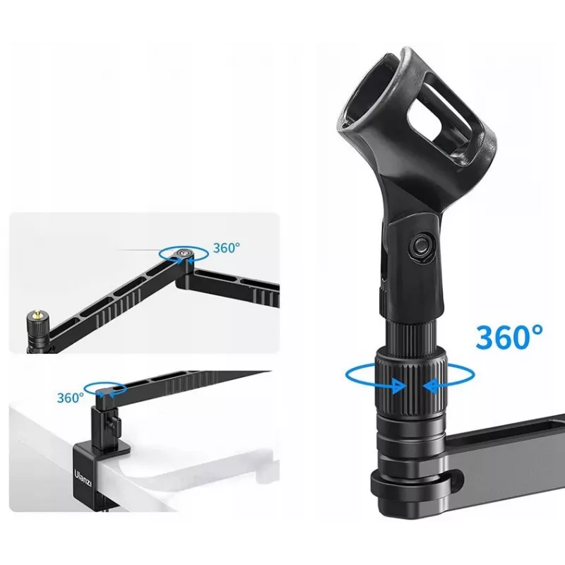 ULANZI LS26 Suporte para microfone com braço articulado e fixação de mesa, alcance de 750 mm, liga de alumínio, preto