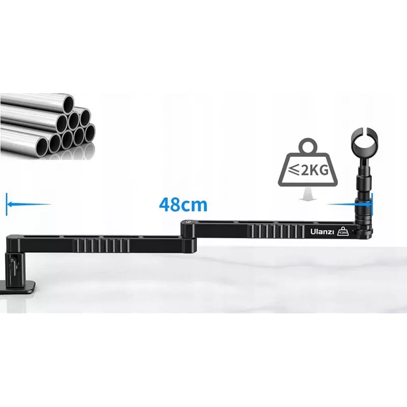 ULANZI LS26 Suporte para microfone com braço articulado e fixação de mesa, alcance de 750 mm, liga de alumínio, preto