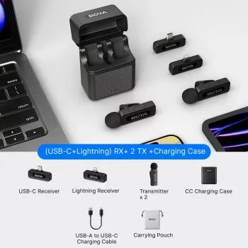 Sistema de microfone sem fios BOYA BY-V3 Combo 2,4 GHz com 2 transmissores e 2 recetores (Lightning e USB-C) - preto