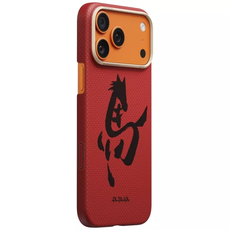 Capa PITAKA Edge Ink Horse Painting para Apple iPhone 17 Pro – capa Snap-On em fibra de aramida com MagSafe, cinábrio