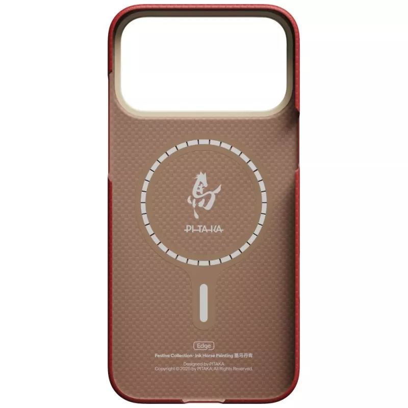 Capa PITAKA Edge Ink Horse Painting para Apple iPhone 17 Pro – capa Snap-On em fibra de aramida com MagSafe, cinábrio