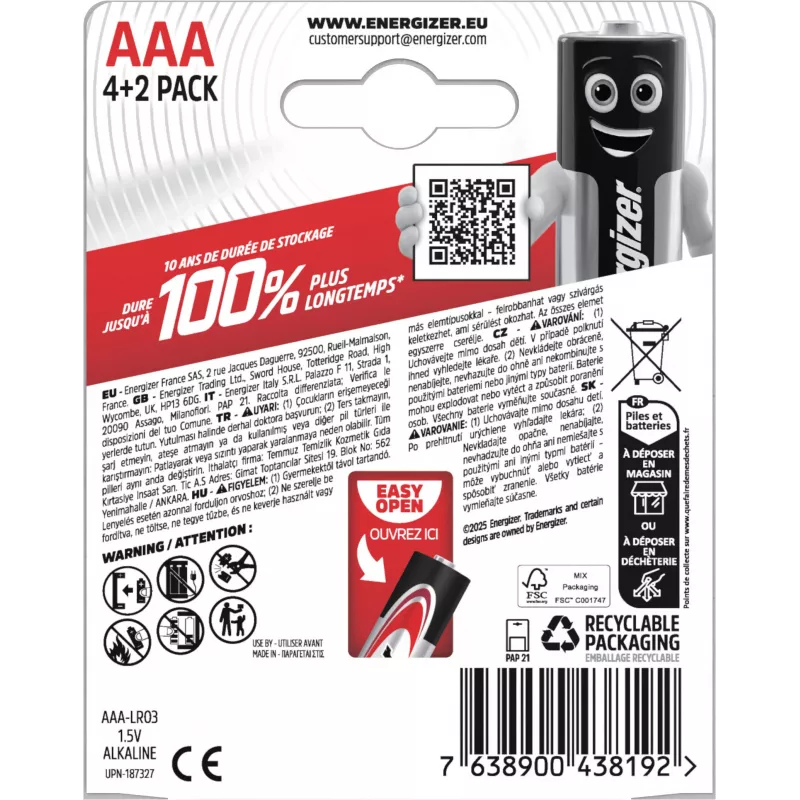 Energizer Max Pilhas alcalinas AAA, 1,5 V, embalagem de 6 (4+2)