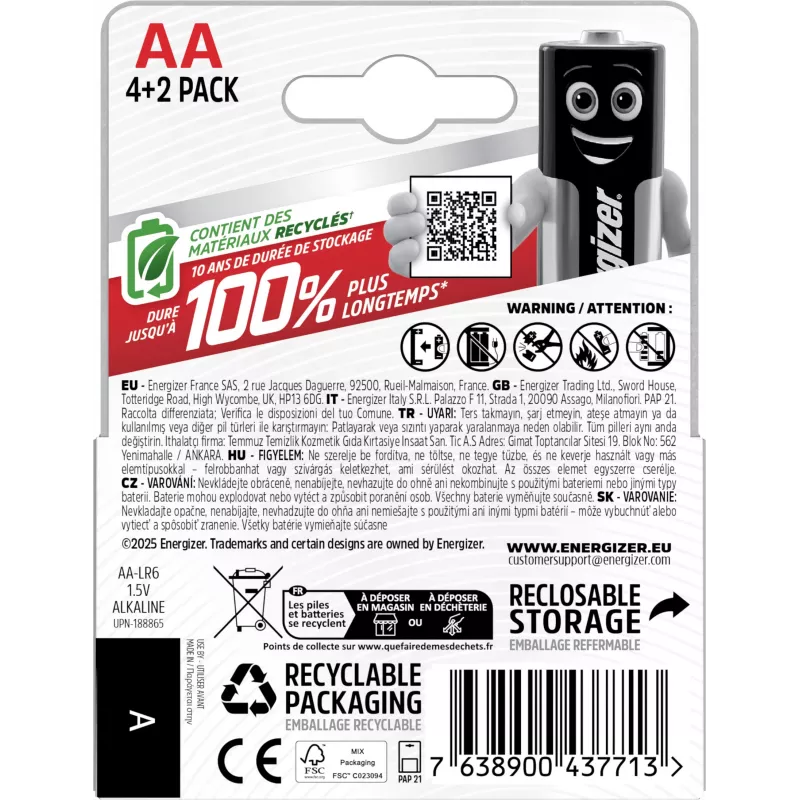 Energizer Max pilhas alcalinas AA, 1,5 V, pack de 6 (4+2)