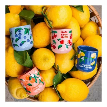 Bialetti Fruit Vibes Conjunto de chávenas de café em cerâmica, 300 ml, multicolor, adequado para máquina de lavar loiça e micro-ondas