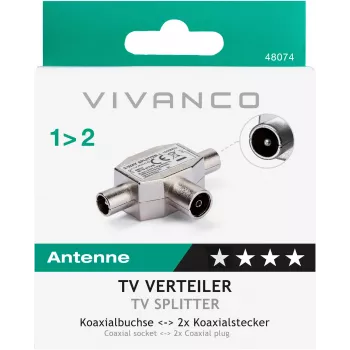 Divisor de antena de TV blindado Vivanco de 2 vias, tomada coaxial para 2 fichas (VVANSHILD2M1F)