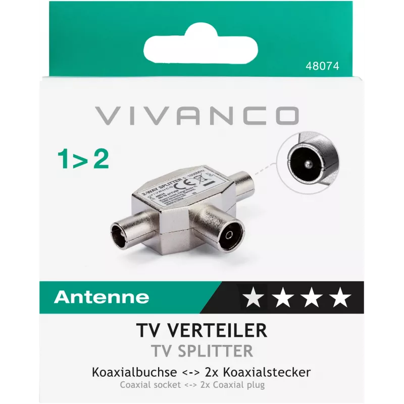 Vivanco distribuidor de antena de TV blindado de 2 vias, tomada coaxial para 2 fichas (VVANSHILD2M1F)