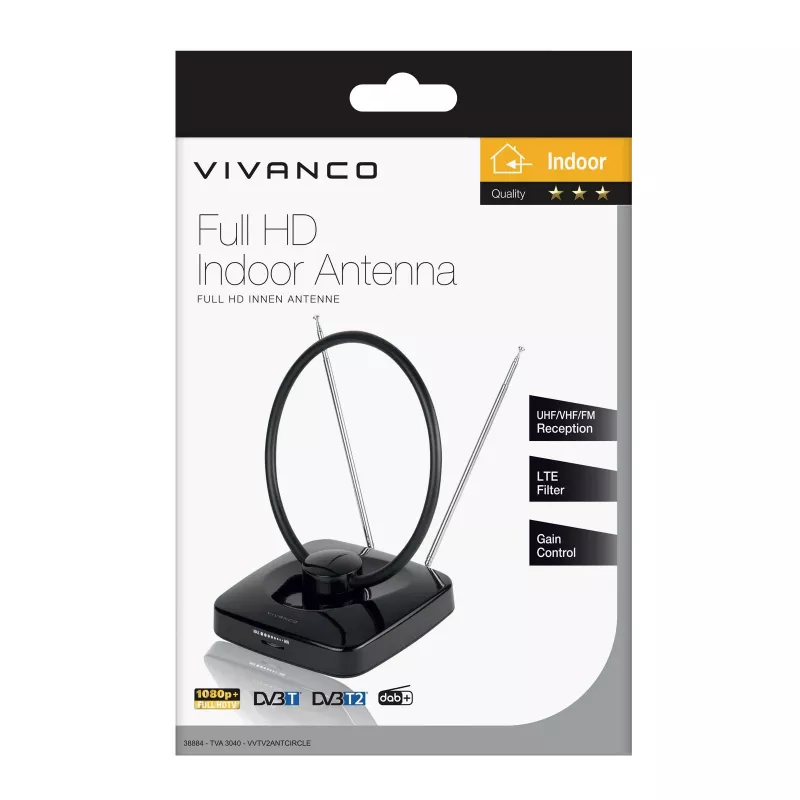Antena interior Vivanco VVTV2ANTCIRCLE para DVB-T/T2, DAB/DAB+ e rádio FM, preta