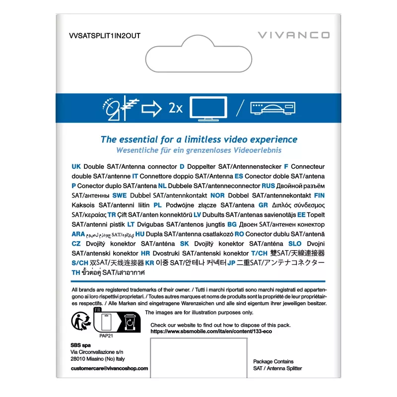 Vivanco VVSATSPLIT1IN2OUT Repartidor de satélite 1 entrada 2 saídas 5-2400 MHz ficha F