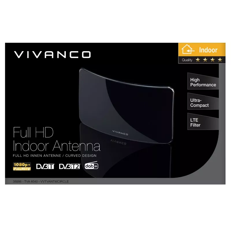 Vivanco VVTVANTMCIRCLE Antena interior para DVB-T/T2 com ganho de 28 dB, filtro LTE/4G/5G, suporte DAB/DAB+, Preto