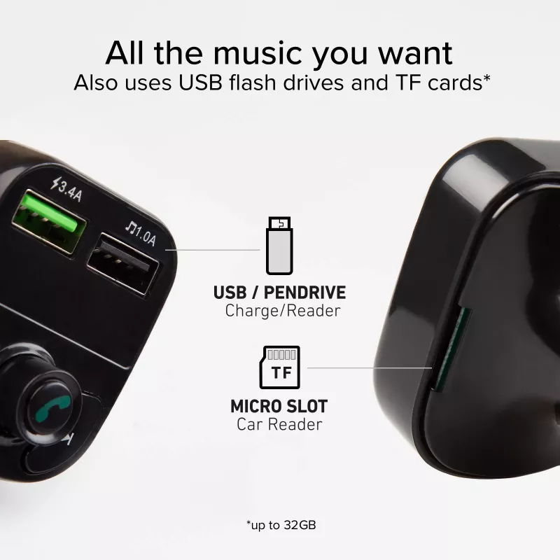 SBS TECARFM2USB Transmissor FM Bluetooth com Função Mãos-Livres e Carregamento USB Duplo