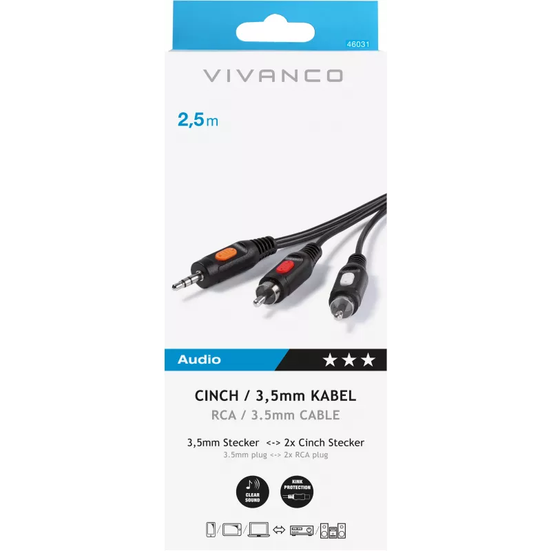Cabo de áudio de 3,5 mm para 2xRCA Vivanco de 2,5 m (VVAJACK2RCA25MMK)
