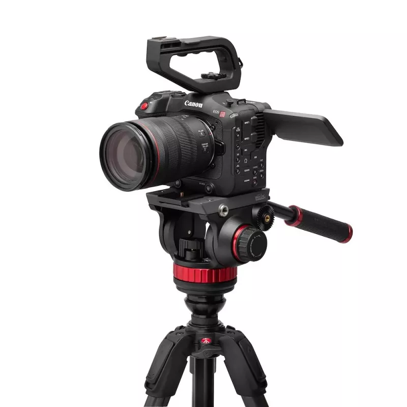 Sistema de tripé de vídeo em fibra de carbono Manfrotto 055 com cabeça fluida 502AH
