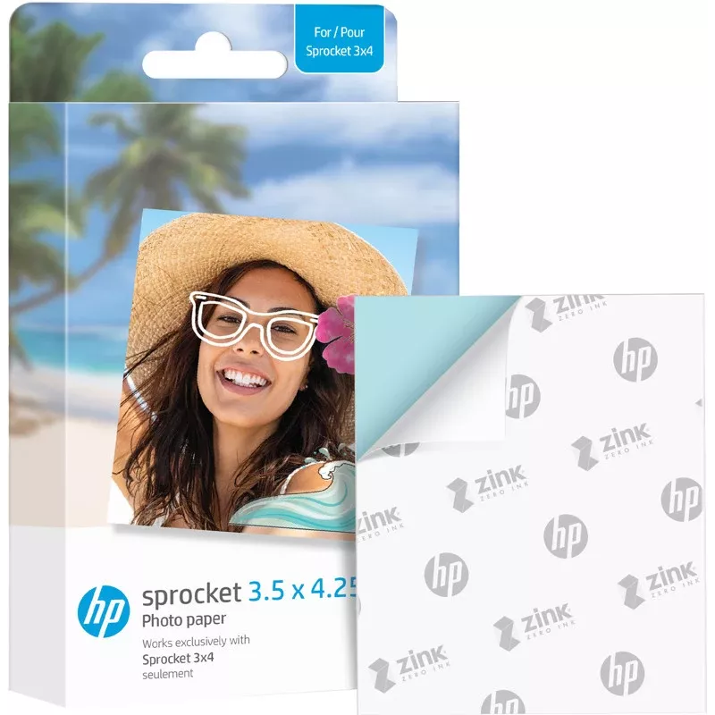 Papel fotográfico HP ZINK 3,5 x 4,25 polegadas brilhante, autocolante, 20 folhas para HP Sprocket