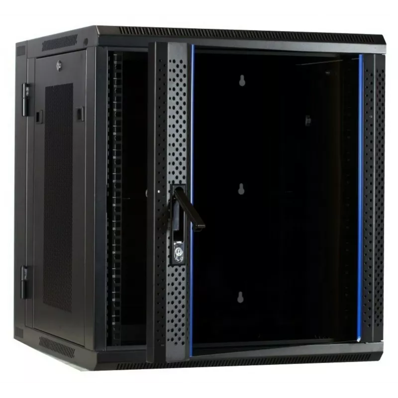 DSIT DS6612ZP-DOUBLE armário de servidor 6U para montagem na parede com porta de vidro temperado e painéis laterais perfurados, 600x450x370 mm, preto