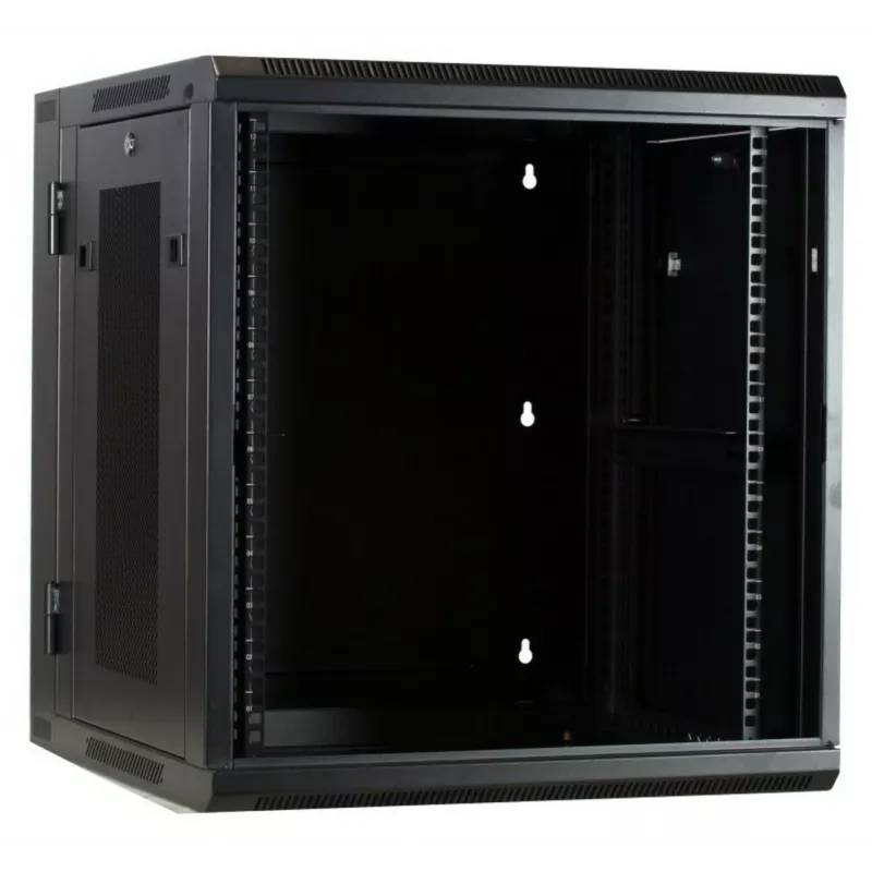 DSIT DS6612ZP-DOUBLE armário de servidor 6U para montagem na parede com porta de vidro temperado e painéis laterais perfurados, 600x450x370 mm, preto
