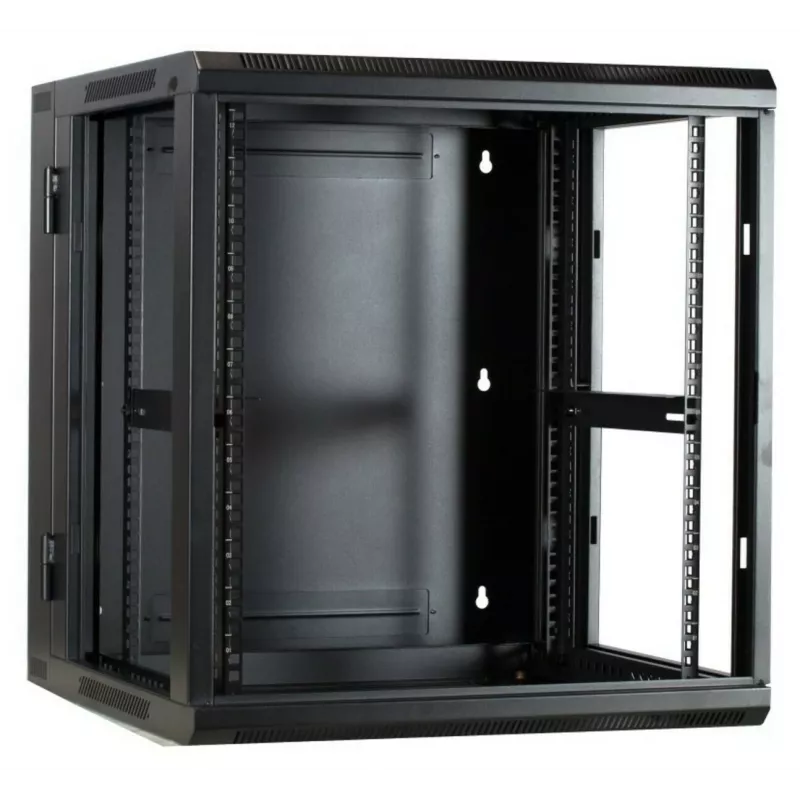 DSIT DS6612ZP-DOUBLE armário de servidor 6U para montagem na parede com porta de vidro temperado e painéis laterais perfurados, 600x450x370 mm, preto