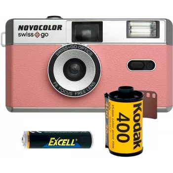 Pack de câmara analógica de 35mm Swiss+Go Novocolor com flash, rosa (SWI401611)