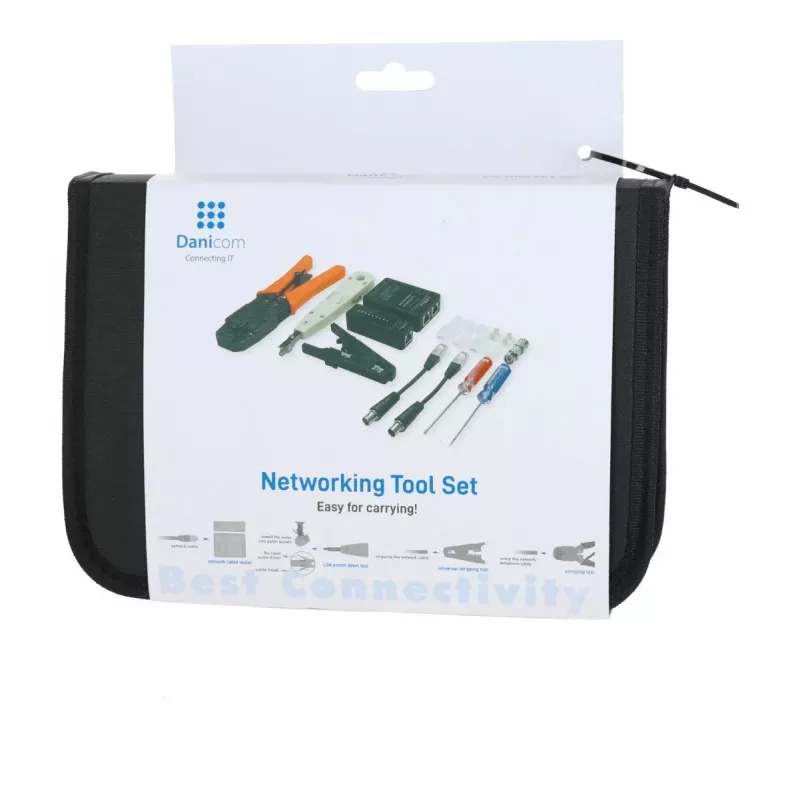 DSIT DC-TOOLSET-PRO Conjunto Profissional de Ferramentas de Rede com Alicate de Crimpagem, Testador, Ferramenta de Impacto LSA, Alicates, Chaves de Fendas, Fichas e Estojo com Fecho de Correr