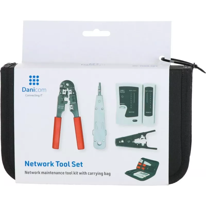 DSIT Conjunto de 9 Peças de Ferramentas de Instalação e Reparação de Rede com Alicate de Crimpagem RJ45, Testador de Cabos, Ferramenta de Impacto e Estojo com Fecho de Correr (DC-TOOLSET)