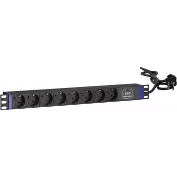 Régua de tomadas para montagem em rack DSIT 19 polegadas com 8 tomadas e proteção contra sobretensão, PDU com cabo de 2m, 16A, 1U, preto