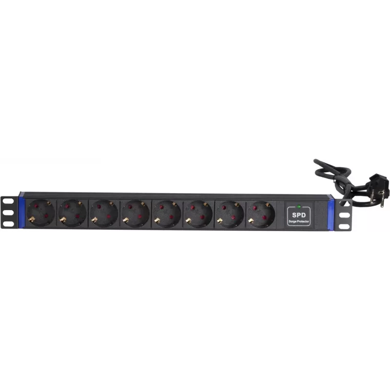 Régua de tomadas para montagem em rack DSIT 19 polegadas com 8 tomadas e proteção contra sobretensão, PDU com cabo de 2m, 16A, 1U, preto