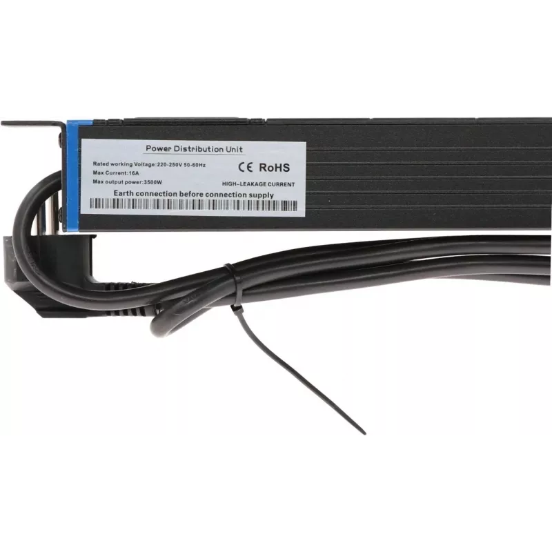 PDU de rack DSIT DS-8PDU-PE 19 polegadas, 8 tomadas Schuko, 16A, cabo de 2m, preto