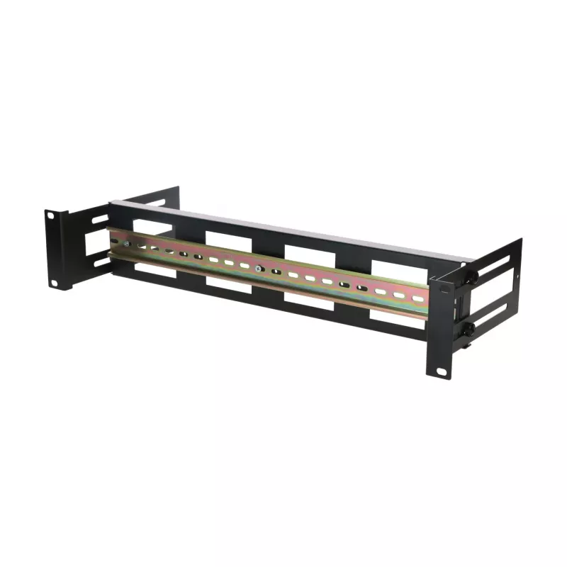 Suporte de calha DIN DSIT 2U para racks de 19 polegadas, profundidade ajustável 100-200 mm, TS35, preto