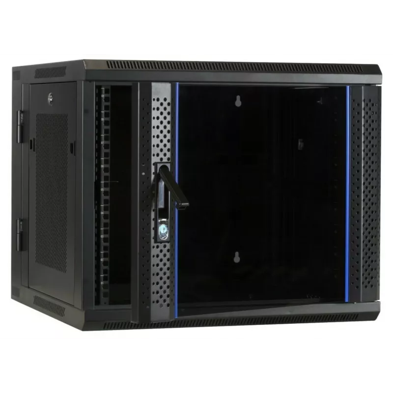 Armário rack de parede DSIT 6U com porta de vidro temperado, reversível, 600x450 mm, preto