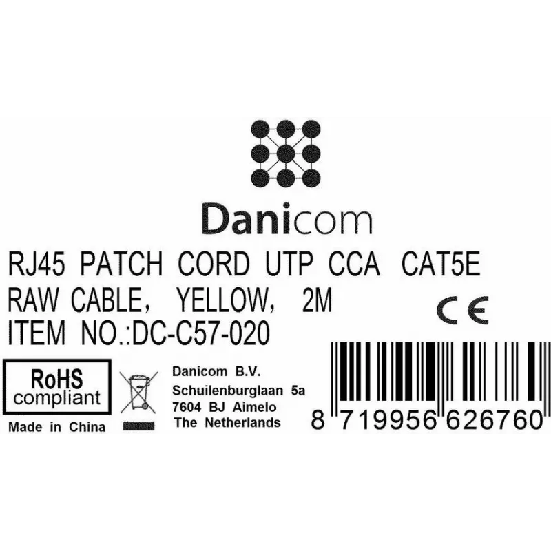 DSIT cabo de patch de rede CAT 5e U/UTP, ficha RJ45 macho para macho, 2 m, amarelo, CCA, 100 MHz