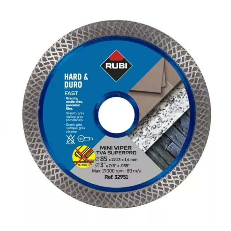 Disco de corte de diamante RUBI TVA 85 SUPERPRO MINI VIPER com rebordo contínuo 85 mm x 15 mm