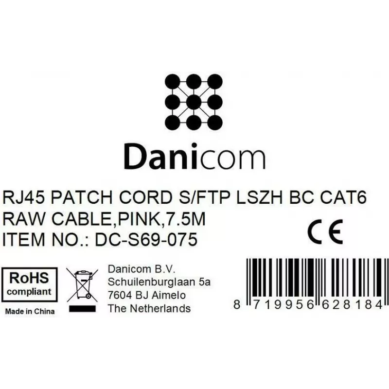 Cabo de rede DSIT CAT 6 LSOH - S/FTP - 7,5 m - Rosa