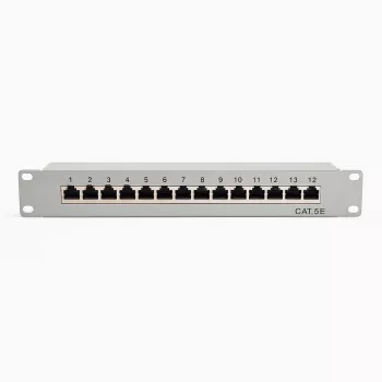 Patch panel DSIT 10 polegadas 12 portas Cat5e STP – montagem em rack 1U, RJ45 blindado, Preto